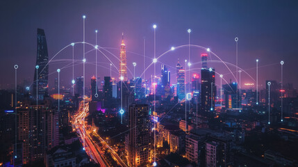 Naklejka premium Smart digital Innovation city with connection network reciprocity over the cityscape. of future smart wireless city and social media networking systems that connects business people with in city