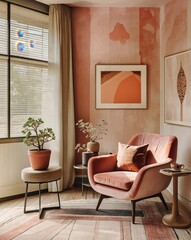 Retro-inspired living room, Mid-century modern armchair in salmon pink, Abstract circular artwork, Terracotta walls, Potted plants, Wooden flooring, Minimalist side table, Warm earthy tones, Soft natu