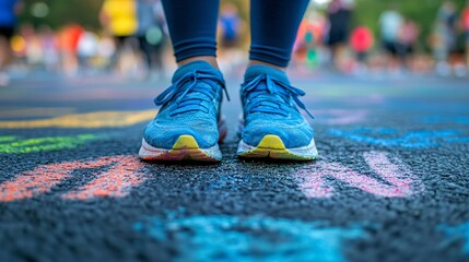 Colorful Running Shoes on Chalk Art Surface During Outdoor Event