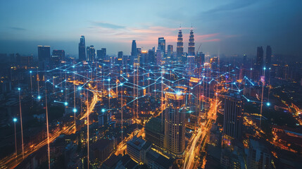 Obraz premium Smart digital Innovation city with connection network reciprocity over the cityscape. of future smart wireless city and social media networking systems that connects business people with in city
