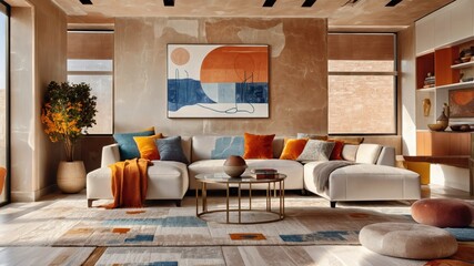 modern luxurious living room, floor-to-ceiling windows, city skyline view, abstract colorful wall art, white modular sofa, orange accent pillows, round wooden coffee table, beige rug, warm lighting, m