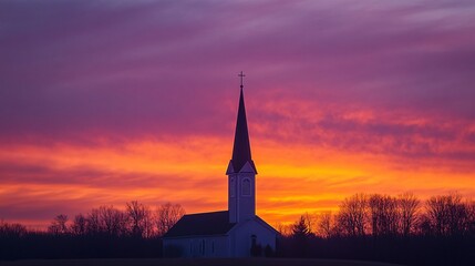 Obraz premium Serene Sunset Over Traditional Church with Towering Steeple