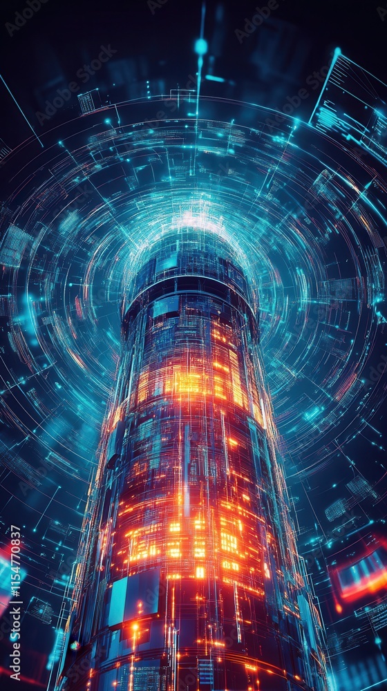 Poster 5g innovation hub, a luminous tower radiating connectivity with dynamic data streams illustrating th