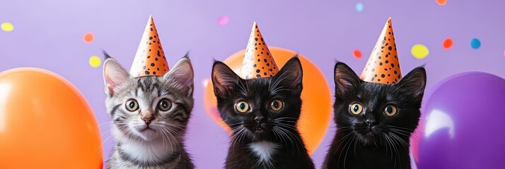 Fototapeta premium Cute cats wearing party hats, Halloween party, black cats and gray tabby, orange balloons, purple background, confetti, festive atmosphere, whimsical pet portrait, high detail, studio lighting, vibran