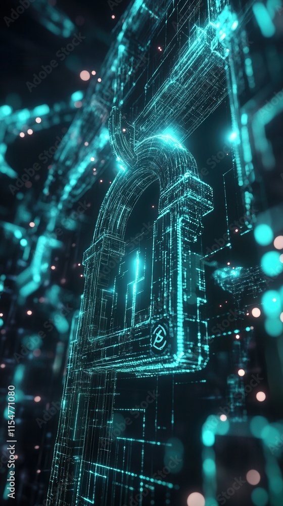 Poster blockchain security, digital locks interlinked with a network of luminous nodes, symbolizing advance