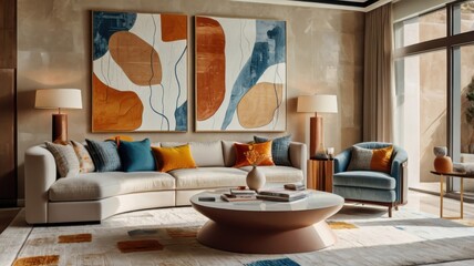 modern luxurious living room, floor-to-ceiling windows, city skyline view, abstract colorful wall art, white modular sofa, orange accent pillows, round wooden coffee table, beige rug, warm lighting, m