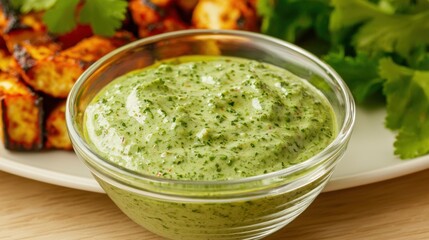Fresh Green Herb Sauce in Glass Bowl with Grilled Vegetables