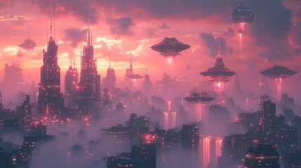 A futuristic cityscape with hovering spacecraft against a vibrant sunset.
