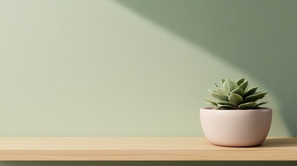 Minimalist Plant Decoration on a Shelf Against a Soft Green Wall