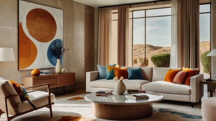 modern luxurious living room, floor-to-ceiling windows, city skyline view, abstract colorful wall art, white modular sofa, orange accent pillows, round wooden coffee table, beige rug, warm lighting, m