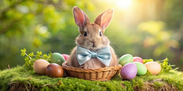 Spring's arrival: AI-crafted watercolor Easter bunny in a basket with colorful eggs.