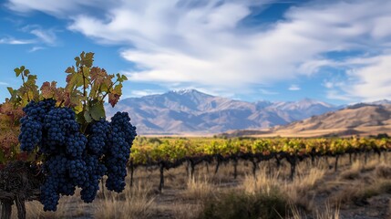 Naklejka premium [Rural countryside landscape with vines and mountains] Rural Countryside Scenic View With Vineyard Background and Rolling Hills