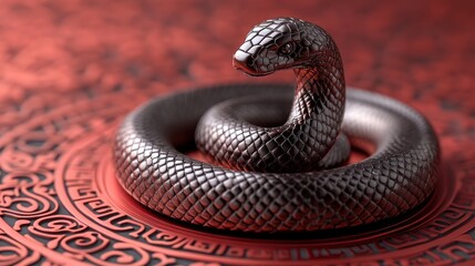 Fototapeta premium Silver snake coiled on red circular design.