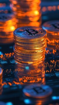 Digital currency evolution, illuminated coins morphing into dynamic graphs, showcasing the future of finance and innovation.