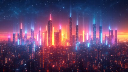 Futuristic city skyline at sunset with neon lights.