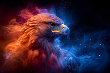 Close-up portrait of a colorful macaw and an eagle with vibrant feathers in a tropical setting