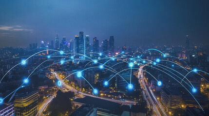 Fototapeta premium Smart digital Innovation city with connection network reciprocity over the cityscape. of future smart wireless city and social media networking systems that connects business people with in city