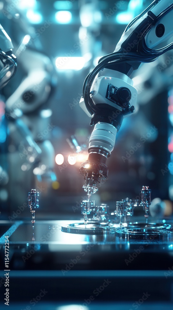 Poster futuristic assembly lab, advanced robotic arms creating innovative devices in a cutting-edge busines