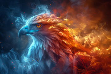 Close-up portrait of a colorful macaw and an eagle with vibrant feathers in a tropical setting