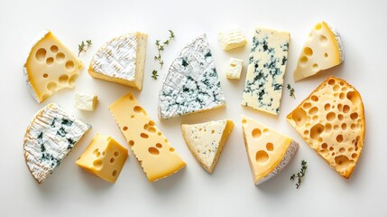 [Artisanal cheese display with variety of cheeses] Artisanal Cheese Board: Fresh Organic Cheeses Arranged in Three Rows on White Background