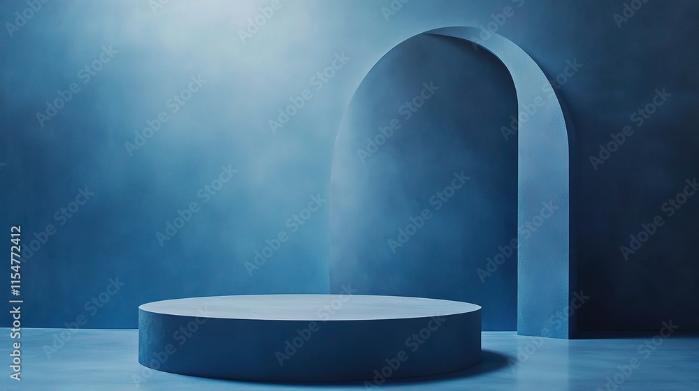 Poster abstract blue studio background with circular platform and arch