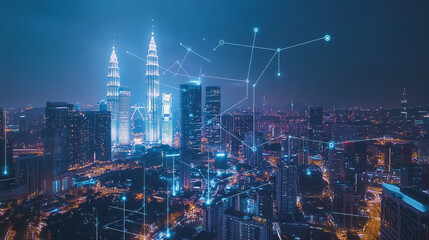 Fototapeta premium Smart digital Innovation city with connection network reciprocity over the cityscape. of future smart wireless city and social media networking systems that connects business people with in city