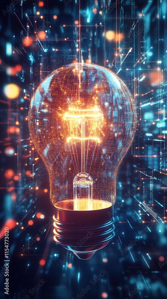 Poster futuristic illumination, a radiant lightbulb enveloped by dynamic data streams symbolizing creativit