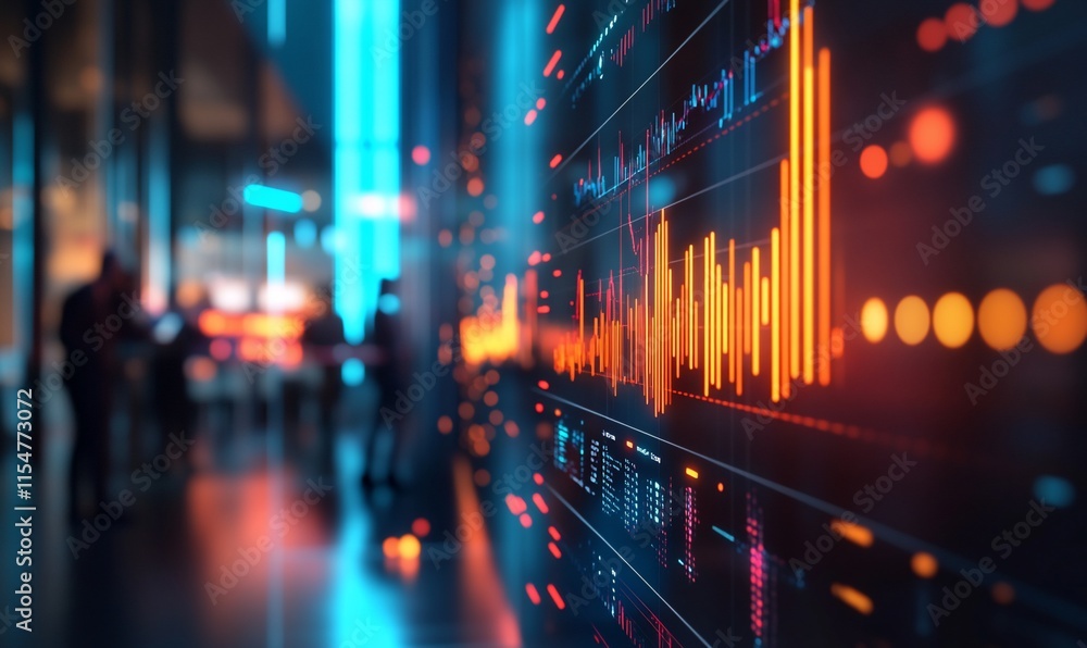Poster abstract data visualization with glowing graphs and silhouettes of people.