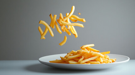Fries landing on the plate in an appetizing manner