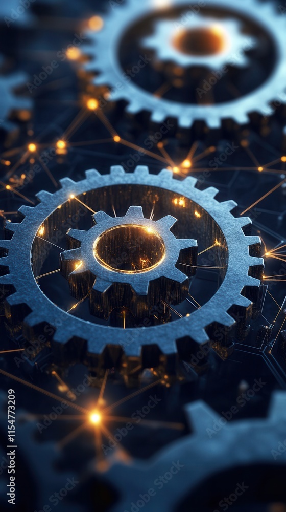 Poster interconnected gears with glowing lights, a dynamic representation of teamwork and collaboration in 