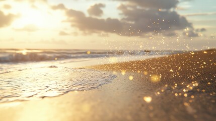 Golden sunset on a sandy beach with waves.