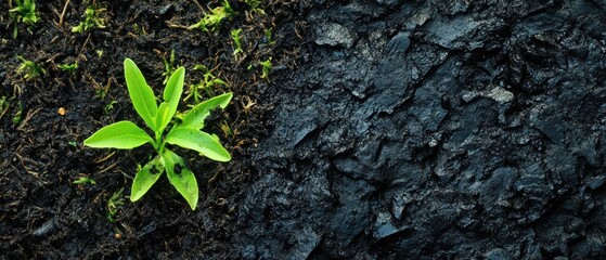 Naklejka premium Resilience: A Tiny Sprout Emerging from Burned Earth