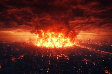 Dramatic Explosive Scene Over Cityscape at Dusk with Fire and Smoke