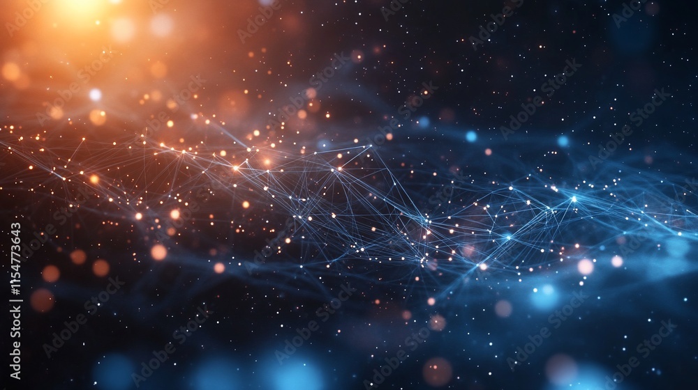 Poster abstract digital background with glowing particles and interconnected lines.
