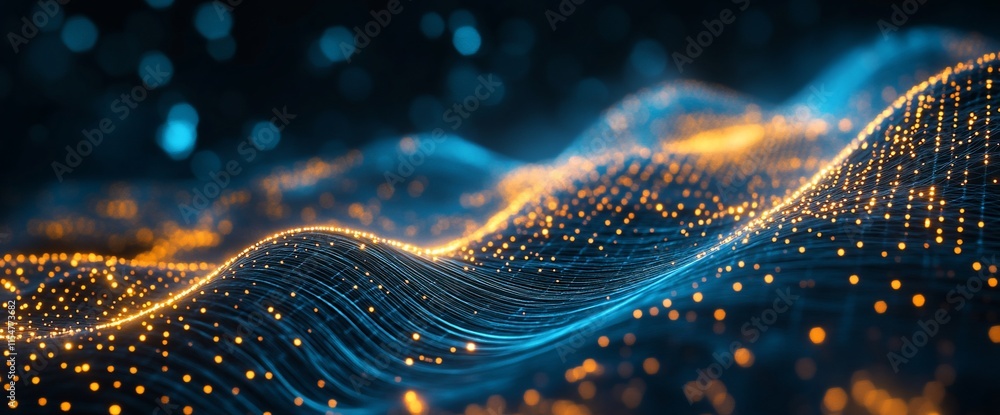 Poster abstract digital landscape with glowing particles and flowing lines.
