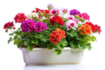 Fototapeta premium Whimsical pelargoniums, vibrant and surreal, fill a rectangular pot; a colorful photo.