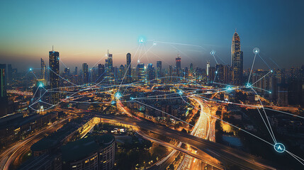 Fototapeta premium Smart digital Innovation city with connection network reciprocity over the cityscape. of future smart wireless city and social media networking systems that connects business people with in city