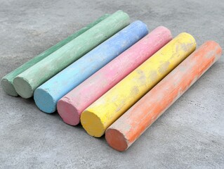 Colorful chalk sticks on grey pavement.