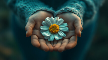 Two hands gently hold a single flower symbolizing peace, hope, and fragility with a blurred background representing harmony in chaos, a moment of calm amidst life’s turbulence and uncertainty

