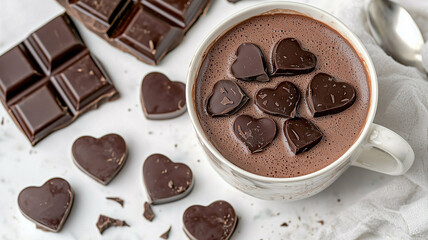 Cup of hot chocolate with pieces of chocolate and cocoa powder on light background
