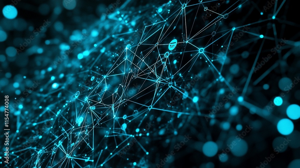 Poster abstract digital network with glowing nodes and connections in a dark background.