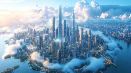 A futuristic cityscape with towering skyscrapers amidst clouds and water.