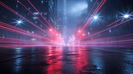 Foggy Night Street Scene with Reflections on Wet Asphalt