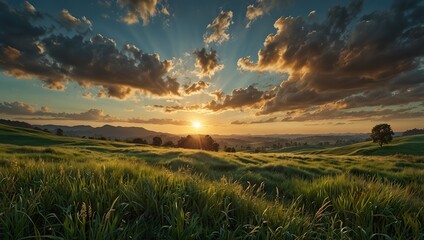 Fototapeta premium Stunning Landscape View of a Sunset Casting Rays Through Clouds Over Lush Green Fields and Hills