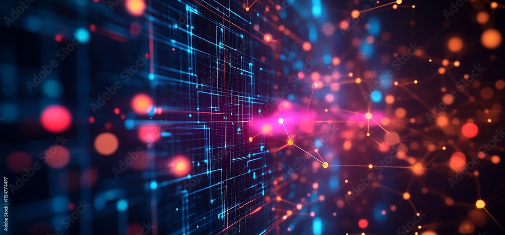Poster abstract digital network with glowing particles and connections.