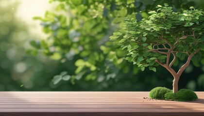 Natural Wood Table with Lush Green Tree and Soft Background for Upscale Decor Inspiration