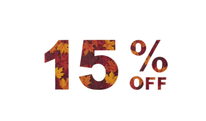 Paper Cut 15 Percent Off Text Filled with Yellow and Red Autumn Maple Leaves Texture Isolated on White Background


