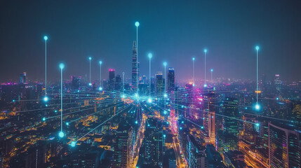 Fototapeta premium Smart digital Innovation city with connection network reciprocity over the cityscape. of future smart wireless city and social media networking systems that connects business people with in city