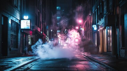 Dark Night Street Scene with Neon Lights and Smog Atmosphere