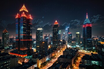 Nighttime Aerial View of Skyscrapers Featuring Colorful Lights and Lively Streets Under a Starry Night Sky